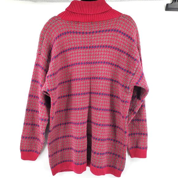 Vintage Maroon Red Granny Houndstooth Stripe Mock Turtleneck Tunic Sweater PL - Picture 7 of 10